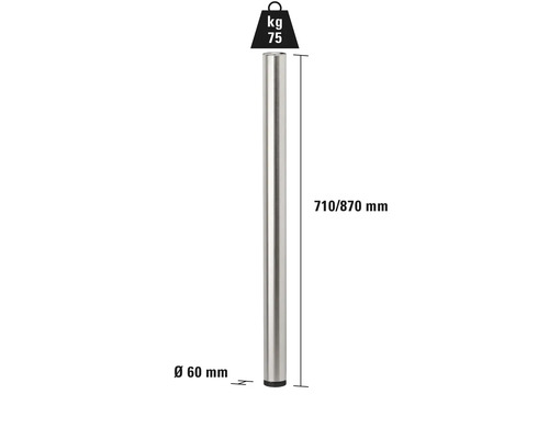 Bordsben av metall, 710 till 870 mm lång, 60 mm i diameter, maximal lastkapacitet 75 kg
