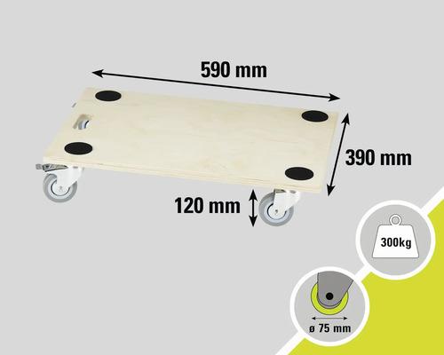 Möbelrulle av trä med en maximal lastkapacitet på 300 kilogram och måtten 590 gånger 390 millimeter