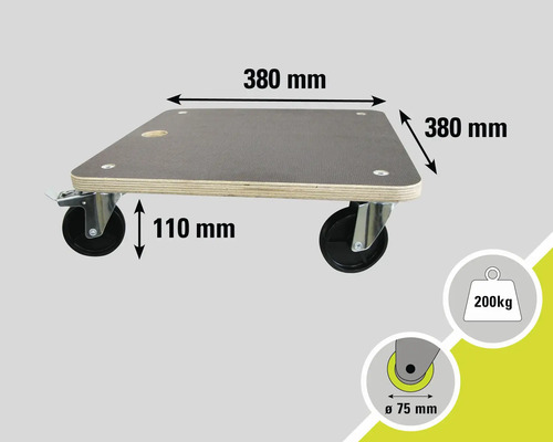 Rullbräda med måtten 380 gånger 380 millimeter, en höjd på 110 millimeter och en rullstorlek på 75 millimeter, lastkapacitet 200 kilogram