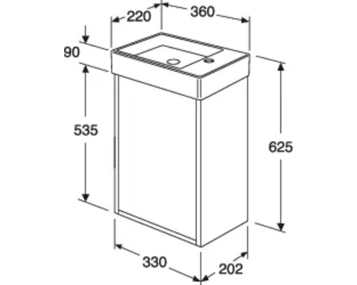 Teknisk ritning av ett tvättställsskåp med dimensioner.