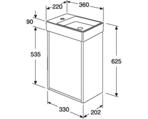 Teknisk ritning av ett tvättställsskåp med dimensioner