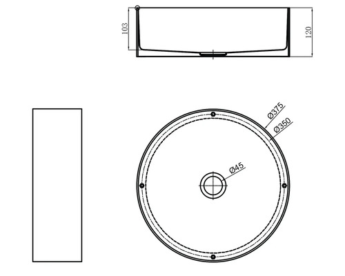 Teknisk ritning av ett runt tvättställ för bänkmontage med måttangivelser