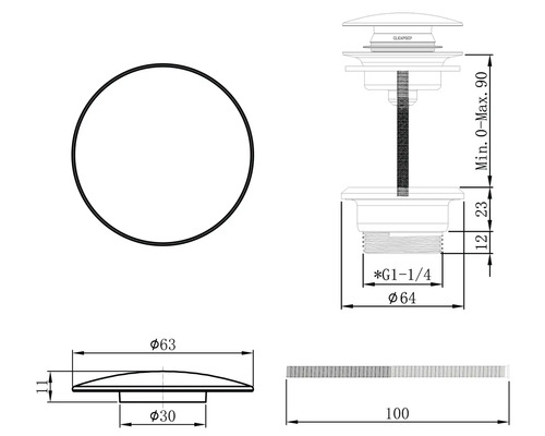 Teknisk ritning av en avloppsventil med mått