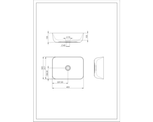 Teknisk ritning av en tvättställsskål med mått