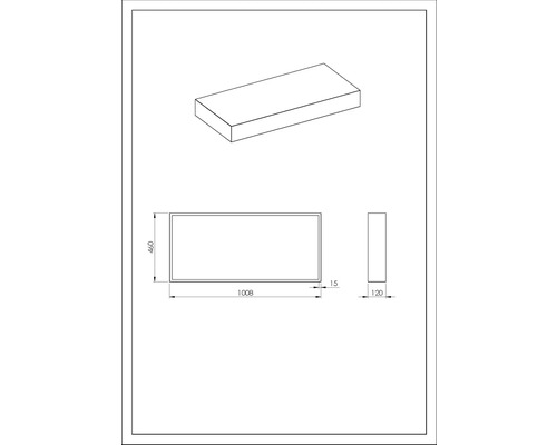 Teknisk ritning av ett rektangulärt objekt som mäter 1008 x 460 x 120 millimeter.