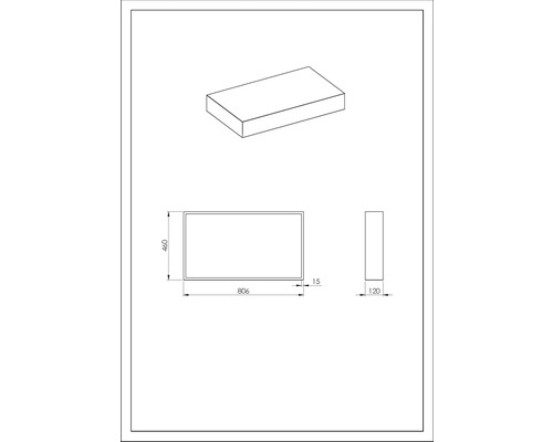 Teknisk ritning av en spegel med måtten 806 x 460 x 120 mm