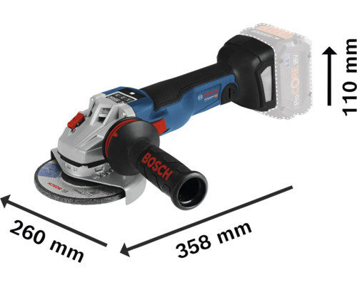 Bosch batteridriven vinkelslip med måtten 260 mm, 358 mm och 110 mm.