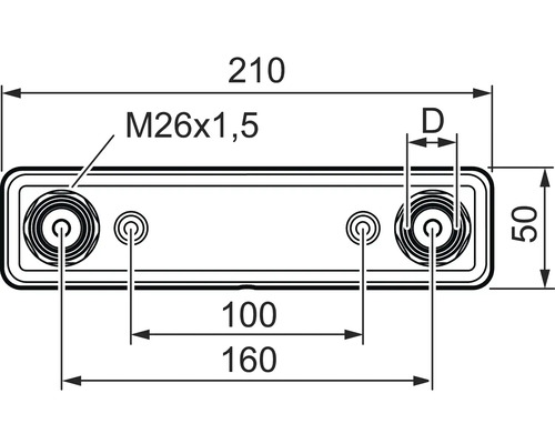 Teknisk ritning med mått för en komponent: 210 x 50 mm, gänga M26x1,5
