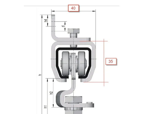 Teknisk ritning av skjutdörrsbeslag med måttangivelser