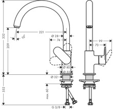 Teknisk ritning av en köksblandare med dimensioner
