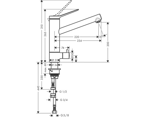 Teknisk ritning av en armatur med måttangivelser