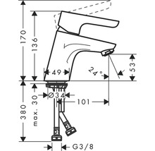 Teknisk ritning av en armatur med måttangivelser