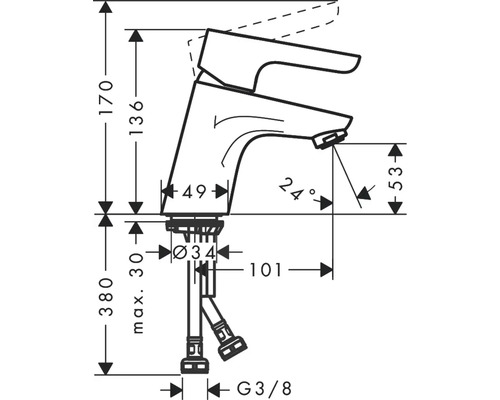 Teknisk ritning av en armatur med måttangivelser