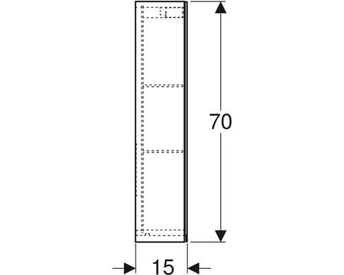 Teknisk ritning av ett badrumsskåp som mäter 70 x 15 centimeter