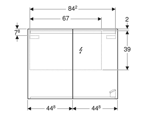 Teknisk ritning av ett badrumsskåp under diskbänk med mått
