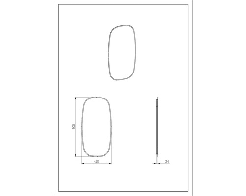 Teknisk ritning av en spegel med måtten 900 x 450 x 24 mm.