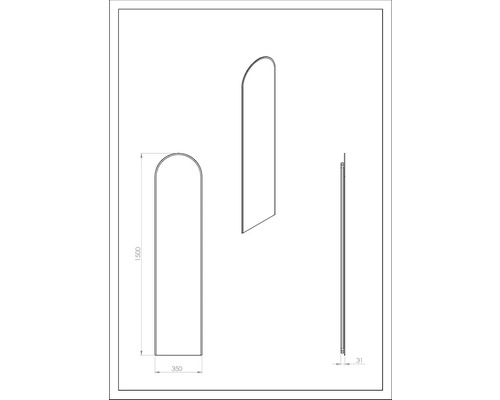 Teknisk ritning av en spegel med måtten 1500 x 350 x 31 millimeter.