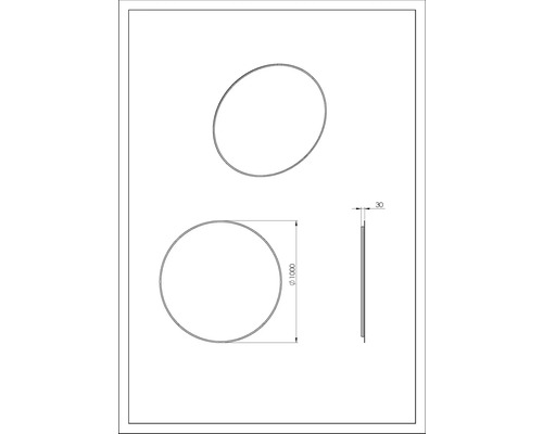 Teknisk ritning av en rund spegel med en diameter på 1000 millimeter och ett djup på 30 millimeter.