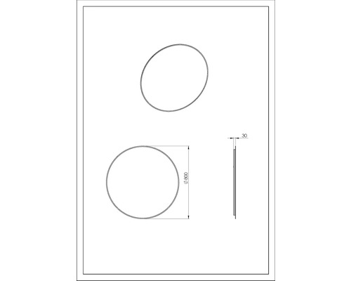 Teknisk ritning av en rund spegel med en diameter på 800 millimeter och ett djup på 30 millimeter.