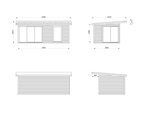 Teknisk ritning av ett trädgårdshus med mått.