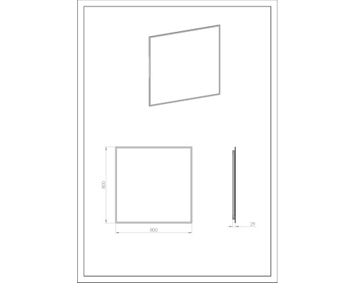 Teknisk ritning av en spegel, kvadratisk, 800 x 800 mm
