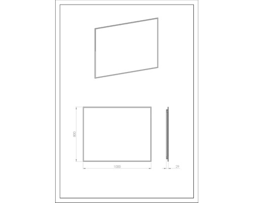 Teknisk ritning av en spegel med måtten 1000 x 800 x 29 mm