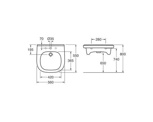 Teknisk ritning av en bidé med dimensioner