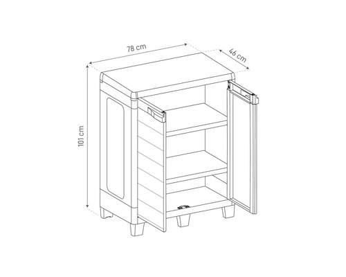 Bild av ett plastskåp med måtten 78 x 46 x 101 cm