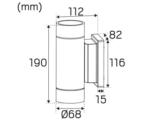 Teknisk ritning av en vägglampa med måttangivelser