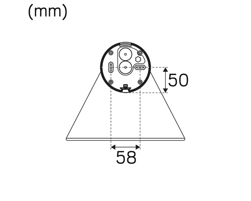 Skiss med mått på en produkt: 50 mm hög, 58 mm bred.