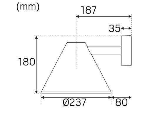 Mått på en vägglampa med en diameter på 237 millimeter och en höjd på 180 millimeter