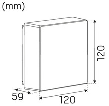 Teknisk ritning av en låda med måtten 120 x 120 x 59 millimeter