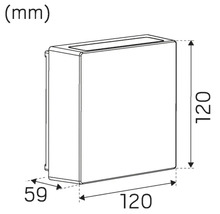 Teknisk ritning av en låda med måtten 120 x 120 x 59 millimeter