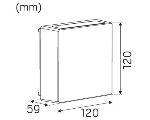 Teknisk ritning av en låda med måtten 120 x 120 x 59 millimeter