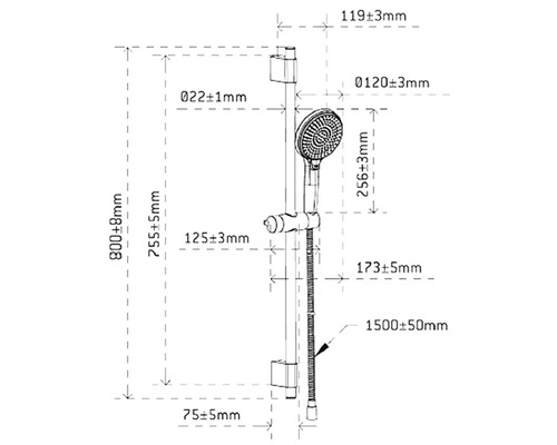 Måttritning duschstång med handdusch och slang