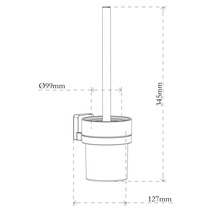 Teknisk ritning av en väggmonterad toalettborstgarnitur med måtten: diameter 99 millimeter, höjd 345 millimeter, djup 127 millimeter