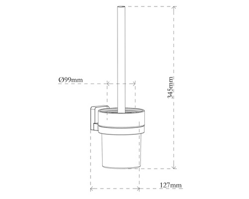 Teknisk ritning av en väggmonterad toalettborstgarnitur med måtten: diameter 99 millimeter, höjd 345 millimeter, djup 127 millimeter