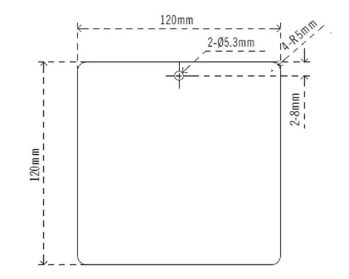 Teknisk ritning av en fyrkantig platta som mäter 120 gånger 120 millimeter