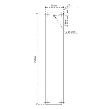 Teknisk ritning med mått för en produkt: 250 mm lång, 50 mm bred, hål med en diameter på 5,3 mm.