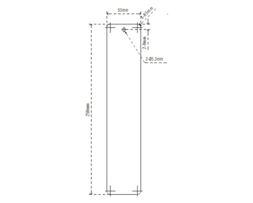 Teknisk ritning med mått för en produkt: 250 mm lång, 50 mm bred, hål med en diameter på 5,3 mm.