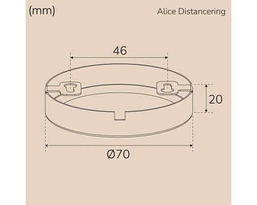 Teknisk ritning av en distansring med måtten diameter 70 millimeter, 46 millimeter och 20 millimeter.