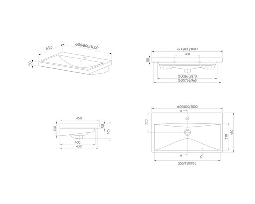 Teknisk ritning av ett tvättställ med måttangivelser