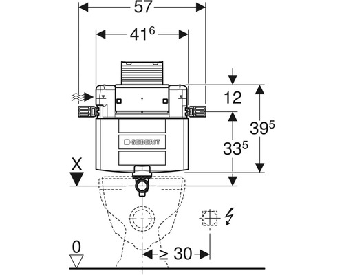 Teknisk ritning av en Geberit spolcistern med måttangivelser