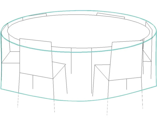 Skiss av ett trädgårdsbord med stolar och ett överdrag