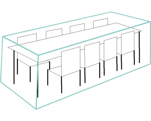 Ritning av ett långt bord med stolar i ett rum