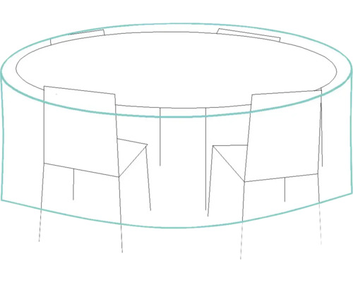 Skiss av ett runt bord med stolar och skyddshölje