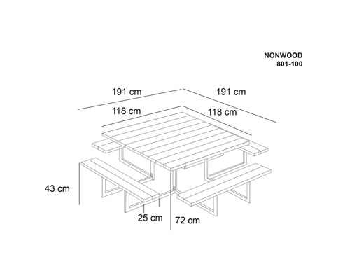 Mått trädgårdsbord med bänkar