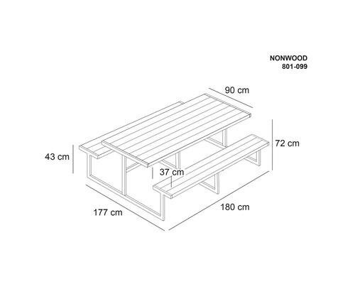 Teknisk ritning av en picknickbord med mått