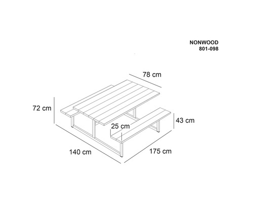 Teknisk ritning av ett picknickbord med dimensioner