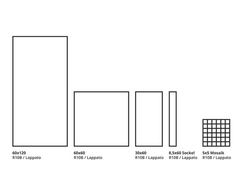 Olika kakelstorlekar med halkskydd R10B och lappatoyta